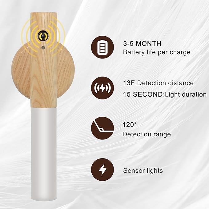 Motion Sensor Night Light, Motion Activated Night Light,Wall Lights Battery Operated,Rechargeable Wall Lights,Suitable for Kids Bathroom，Corridors, Closet ，Stairs (White Ash Wood 1PC)