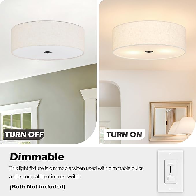 Bagood 16 Inch 3-Light Drum Modern Black Ceiling Light Fixture Flush Mount Ceiling Light Fixture Dimmable Close to Ceiling Light Fixture with Fabric Shade for Living Room Hallway Entryway Bedroom