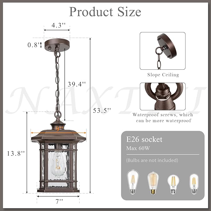 Waterproof Outdoor Hanging Lantern Light 13.8 Inch Large Outdoor Pendant Light with Adjustable Chain Dusk to Dawn Aluminum Hanging Porch Light with Water Ripple Glass E26 Socket