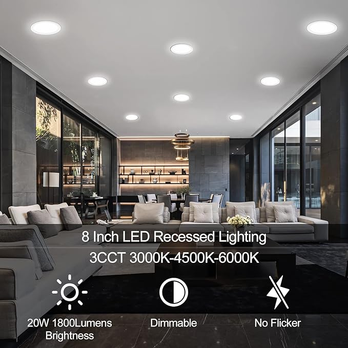LZHOME 12 Pack 8 Inch LED Recessed Lighting with Junction Box Ultra-Thin, 3000K/4500K/6000K Selectable, 8" Dimmable Canless LED Downlight, 1800LM CRI80 High Brightness 5%-100% Recessed Light