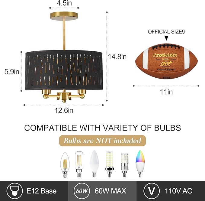 Drum Semi Flush Mount Lighting Fixture, Modern Semi Chandeliers, Fabric Farmhouse Ceiling Light, Black Fabric Shade 3-Light for Kitchen Island Bedroom Hallway Foyer, E26, W12xH14