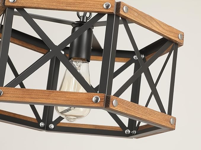 Rustic Farmhouse Plug in Pendant Light Fixture with Adjustable Chain, Dimmable Switch, 14.5 inch Industrial Oak Wood and Metal Cage Hanging Lamp for Kitchen Island Dining Room Farmhouse, Black