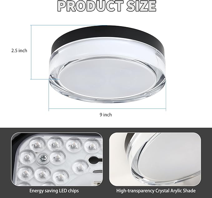 9 inch Flush Mount Ceiling Light Fixture, 3CCT LED Ceiling Lights, Black Modern Dimmable Lighting for Hallway Bathroom, Crystal Prismatic Featured, 3000K/4000K/5000K