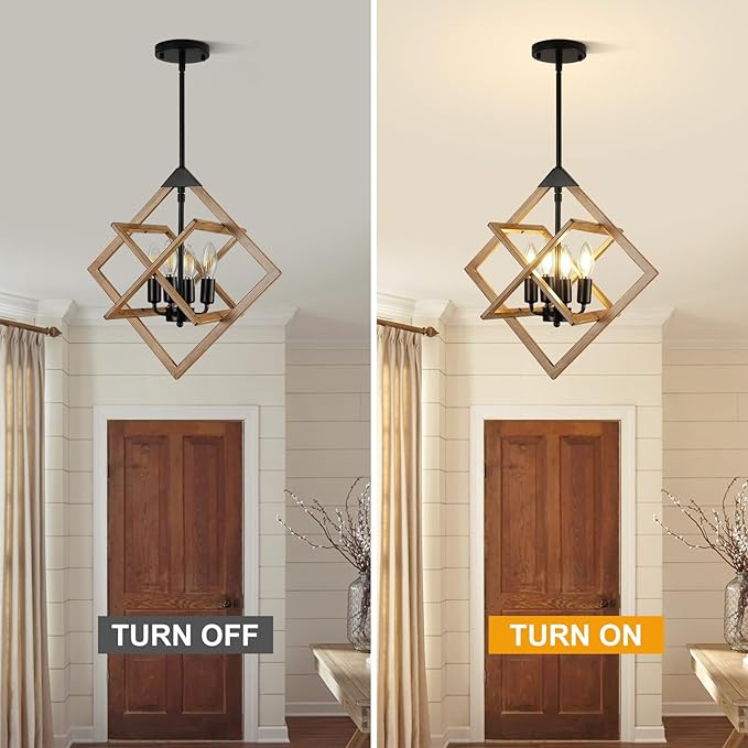 18" Modern Pendant Lights Kitchen Island, 4-Light Black + Wood Grain Farmhouse Pendant Light Fixtures, Industrial Hanging Pendant Lights Fixture for Kitchen Island Dining Room Hallway Foyer Entryway