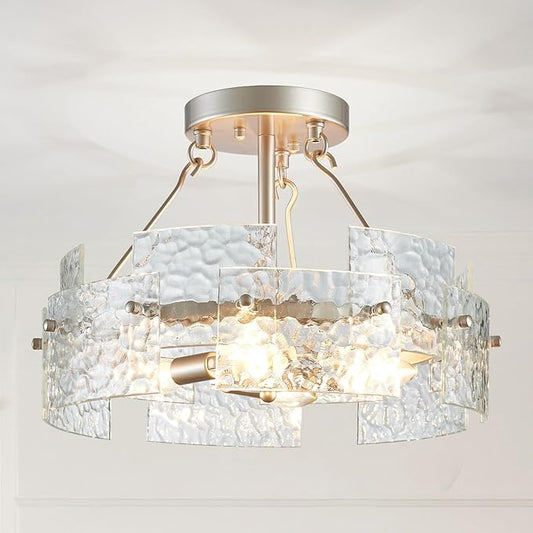 XINGQI Drum Ceiling Lights for Dining Room 4-Light Modern Farmhouse Water Ripple Glass Sliver Ceiling Lighting Fixture 15.7" Bedroom Living Room Hallway Entryway