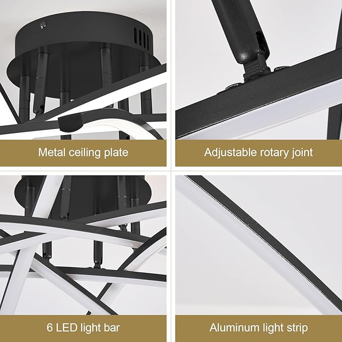 Modern 32.8" LED Chandelier Ceiling Light 6-Lights Black Dimmable Semi Flush Mount Ceiling Light Fixtures with Remote for Living Room Bedroom Kitchen 65 W 3000K-6000K