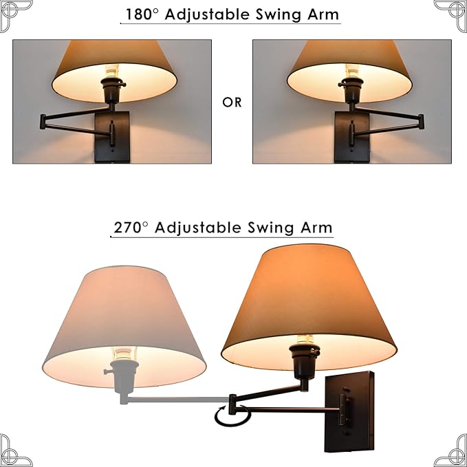 Kira Home Cambridge 15" Modern Swing Arm Wall Sconce with Golden Bronze Empire Fabric Shade, 2-in-1 Plug in or Hardwired Wall Lamp with 3-Way Switch, Black Finish