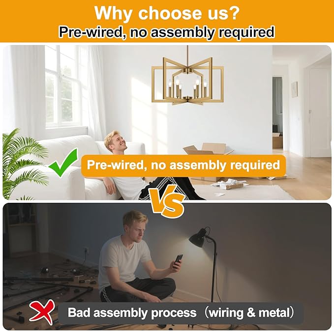 25" Modern Brass Chandelier for Dining Room, No Assembly Required Brass Dining Room Light Fixture Over Table, Industrial Metal Hanging Pendant Lights Fixture for Kitchen Island, Entryway, Foyer