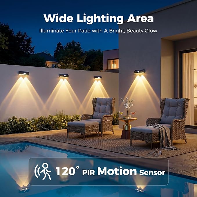 kolpop Warm White Solar Fence Lights Outdoor,Fence Lights Solar Powered with Motion Sensor,IP65 Waterproof,3 Modes LED Solar Lights for Patio,Backyard,Railing,Wall,Nighttime,Party,Pool,4 Pack