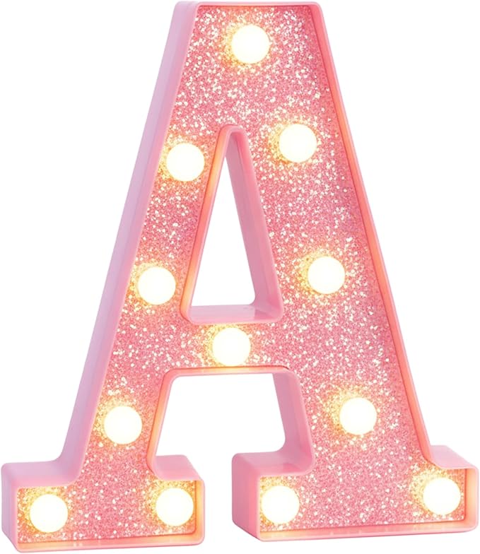 Pink Marquee Light Up Letters, Glitter Alphabet LED Letter Lights for Pink Birthday Party Decorations, Battery Operated Letter Sign for Girls Room Vanity Table Decor, Warm White Lights Letter A