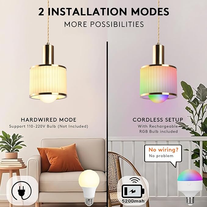 Battery Operated Pendant Light Set of 2, Fabric Lampshade Gold Battery Chandelier with 5200mah Rechargeable Remote Light Bulb, Hanging Island Light for Kitchen Bedroom Dinning Room