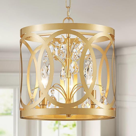 WUZUPS Crystal Chandelier 3-Light Vintage Farmhouse Pendant Ceiling Light Lighting Fixture for Foyer Diningroom Bedroom Hallway Storage Kitchen Bathroom, H 10.8" W 11.8", E12 Base, Gold