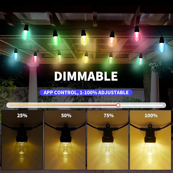 CAWWS Outdoor String Lights 75FT, Outdoor Lights for Patio with 30 Dimmable RGBW LED Bulbs, IP66 Waterproof Shatterproof, with APP Control & Remote, 24V Adapter Color Change,for Backyard Décor
