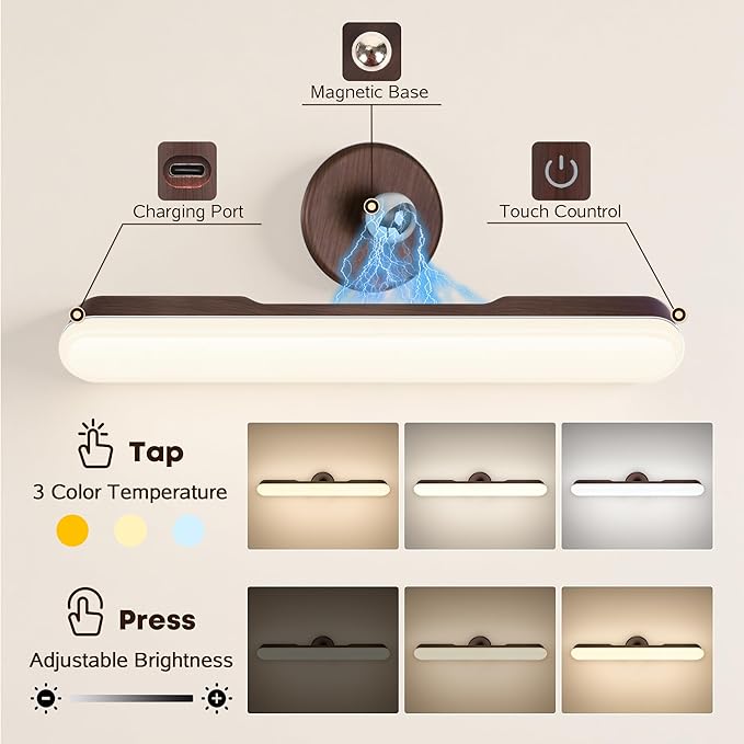 2 Pcs Vanity Makeup Lights for Bathroom, Wireless Wood Grain Rechargeable LED Stick on Light Bar for Mirror, Tunable 3 Color Temperature 4000 mAH Battery Life Lighting for Vanity(Deep Brown)