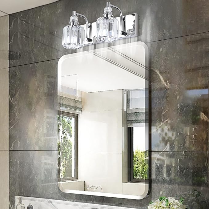 Ralbay Crystal Vanity Lights 2 Lights Modern Crystal Chrome Bathroom Vanity Light for Bathroom Lighting Fixtures Over Mirror