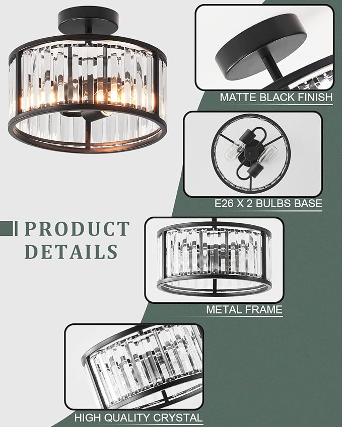 Black Flush Mount Ceiling Light, 2- Light Caged Crystal Chandelier, Small Drum Hallway Light fixtures Ceiling Mount (Black)