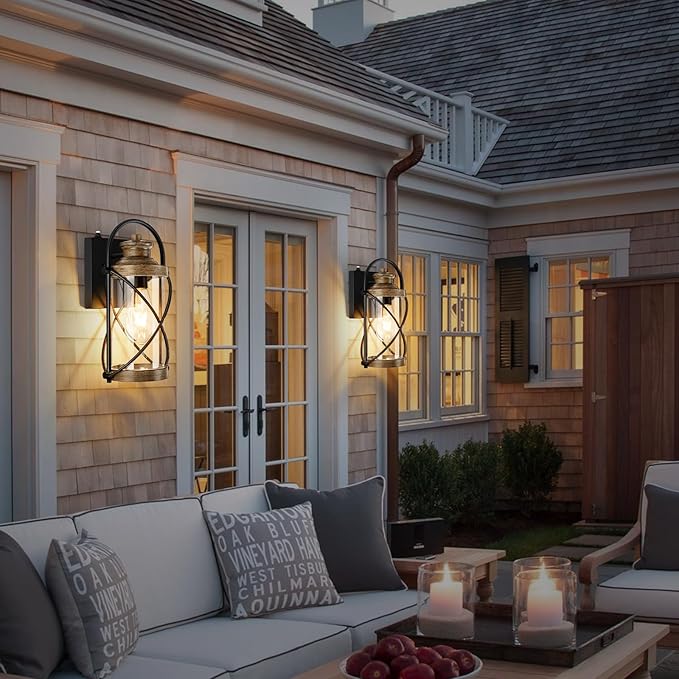 OKELI Dusk to Dawn Outdoor Wall Lights Fixtures, Waterproof Exterior Lighting Fixtures with Photocell Sensor,Vintage Faux Wood Grain Metal Cage Lantern Outside Lights for Porch Patio House Garage