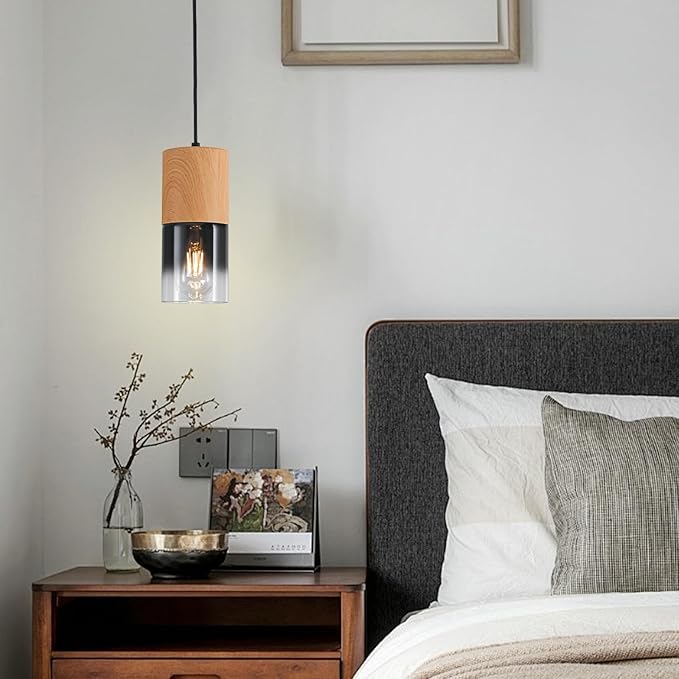 2-Pack Modern Pendant Lights for Kitchen Island, Adjustable Black Pendant Light Fixtures with Raw Wood Grain, Industrial Glass Pendant Lights for Dining Table Hallway Bedroom Living Room