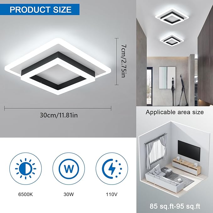 DELIPOP 30W Square Modern LED Ceiling Light, Black Flush Mount Light Fixture, 6500K Cool White Hallway Ceiling Light for Living Room Bedroom Bathroom Kitchen
