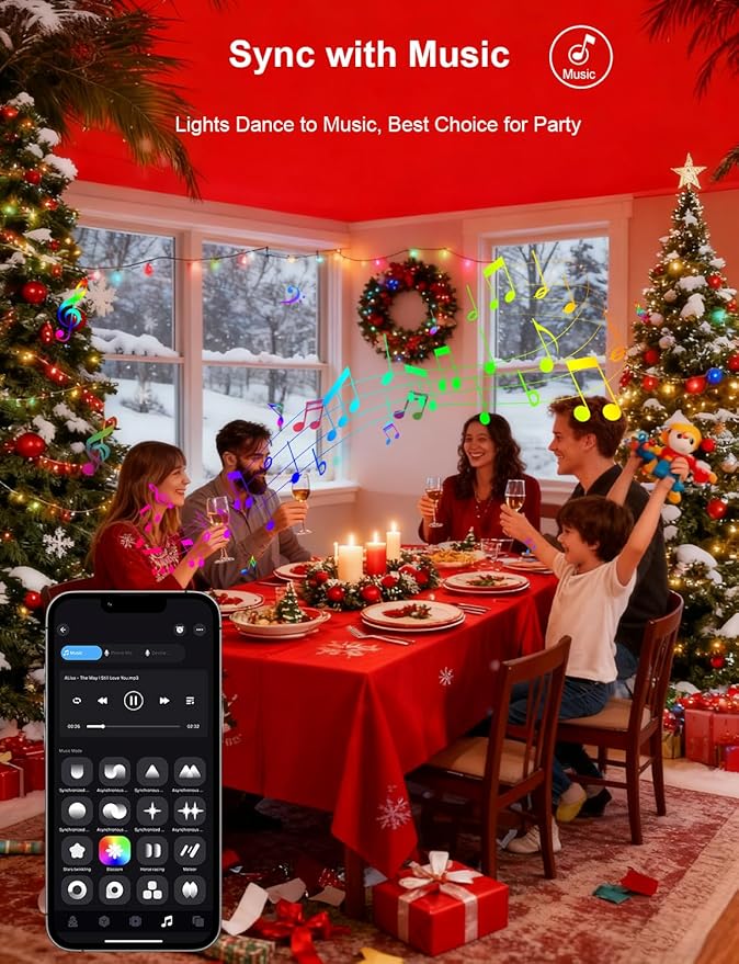 echosari Christmas Lights 33Ft RGB Color Changing IC, 100 LED Smart String Light with App Control, Music Sync Wreath Lights for Yard Garden Tree Decor (Dark Green Cable)