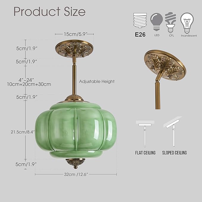 Green Milk Glass Ceiling Light Fixture, 12" Semi Flush Mount Pendant Light with Antique Brass Finish, Schoolhouse Light Fixture - Antique Chandelier for Kitchen, Hallway, Dining Room