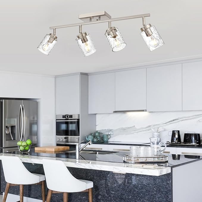 4-Light Tracking Lights Brushed Nickel Rotatable Flush Mount Ceiling Light with Clear Hammered Shade, Modern Bathroom Ceiling Vanity Lights Flexibly Light for Foyer Art Wall Kitchen Hallway