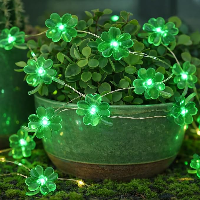BOHON St Patricks Day Decorations Shamrocks String Lights 13 ft 40 LEDs | Battery Operated Lucky Clover Green Lights for St Patrick's Day Accessories Office the Home Saint St. Patrick's Day Decor