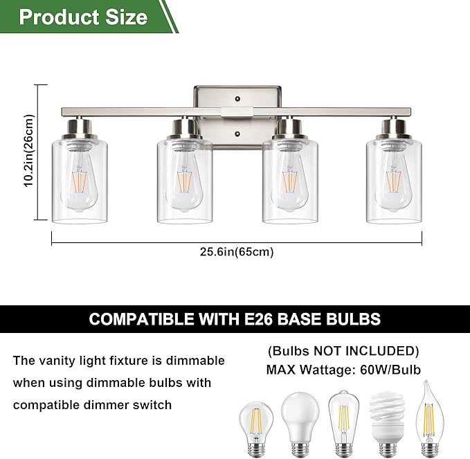 Ascher Bathroom Light Fixtures, 4-Light Vanity Lights with Clear Glass Shade, Modern Brushed Nickel Wall Light for Mirror Bedroom Hallway Cabinet Porch