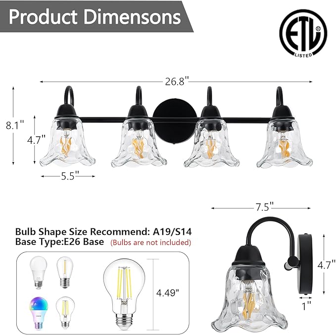 Bathroom Light Fixtures over Mirror, 4 Lights Vintage Wall Sconces with Hammered Glass Shade, 26.8" Matte Black Farmhouse Bathroom Wall Light Fixtures for Bedroom, Porch, Hotel, Mirror Cabinet