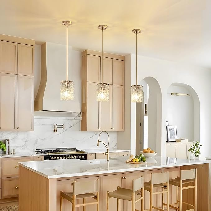 3 Pack Brushed Gold Pendant Light for Kitchen Island, Hand-Made Water Ripple Glass Chandelier, Luxury Modern Brass Adjustable Hanging Ceiling Light Fixture for Dining Room, E26 Base, 6" x 8"