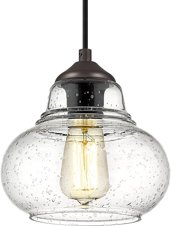 ELYONA 8 Inch Pendant Light Fixtures Seeded Bubble Glass Hanging Light Industrial Pendant Lighting for Kitchen Island Farmhouse Bar Bathroom Dining Room Oil Rubbed Bronze Finish