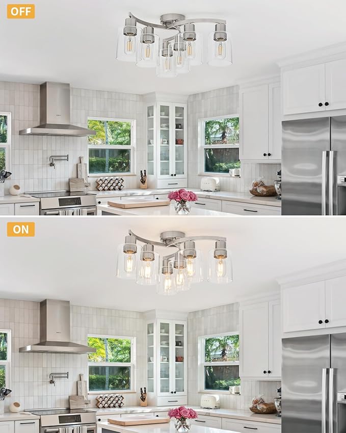 WILON 6-Light Large Brushed Nickel Semi Flush Mount Ceiling Light Fixture, Modern Light Fixtures Ceiling Mount with Clear Glass Shade, Industrial Ceiling Lamp for Dining Room Kitchen Living Room