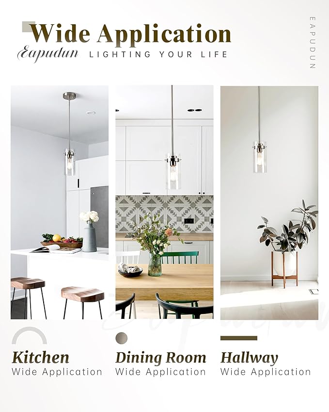 EAPUDUN Pendant Light Fixtures, Brushed Nickel Finish Kitchen Lights Ceiling, Clear Glass Pendant Lights Kitchen Island-PDA1353-A-BNK