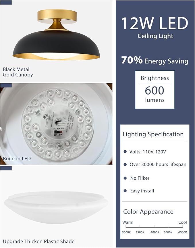 kudos Flush Mount Ceiling Light, 9.5inch LED Ceiling Light Fixture 2 Pack, Black and Gold Finish, 12W 600lm Modern Hanging Light Fixtures for Living Room, Bedroom, 5CCT Adjustable, KDCL01-BK-S-2PK
