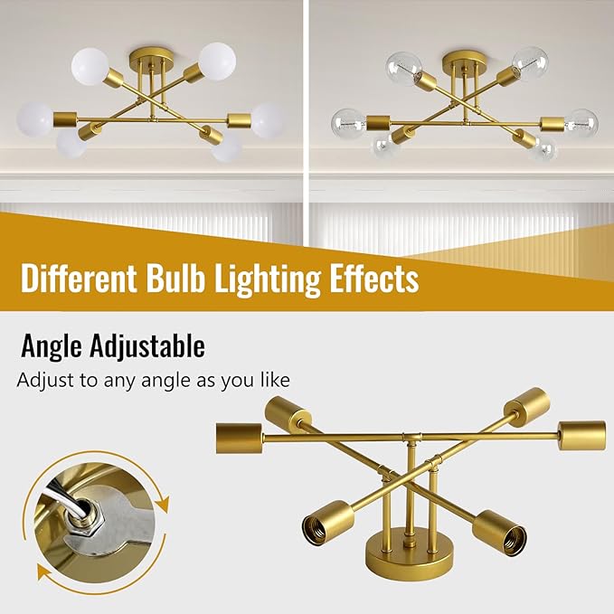 Ceiling Light Fixture, 6-Light Ceiling Light Chandelier, Modern Dinning Room Light Fixture, Sputnik Gold Light Fixtures Ceiling Mount, Semi Flush Mount Ceiling Light Fixtures for Living Room