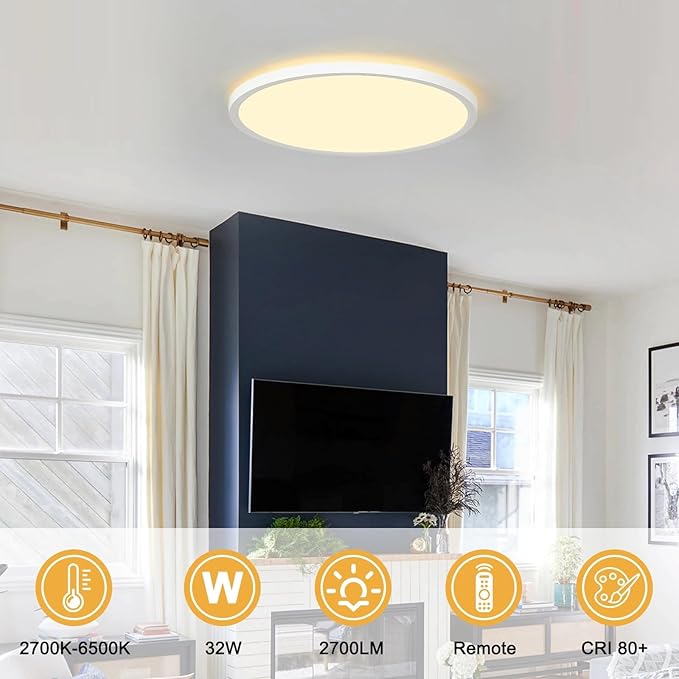 15.7 Inch LED Flush Mount Ceiling Light with Remote, 2700LM Dimmable 2700K-6500K Ceiling Light with 2000K Nightlight and Timer, 32W Modern Ceiling Lamp for Bedroom Kitchen Hallway Dining Room