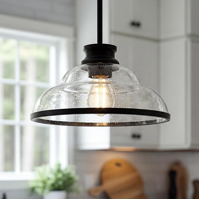 kudos 2 Pack Pendant Lights Kitchen Island, 11" Black Pendant Lights with Seeded Glass Shade, Farmhouse Large Hanging Light Fixture for Kitchen Sink Dining Room Hallways, KDPL14-BK-2PK