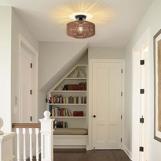 Boho Rattan Light Fixtures, Dimmable Ceiling Light with LED Bulb, Hand Woven Rattan Chandelier for Bedroom, Living Room, Entryway (Dark Brown)
