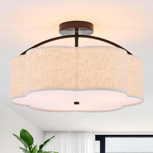 18" Semi Flush Mount Ceiling Light Modern 3-Lights Black Drum Ceiling Light Fixture with Fabric Linen Shade, Vintage Modern Ceiling Lighting for Laundry Room, Kitchen, Basement, Bedroom