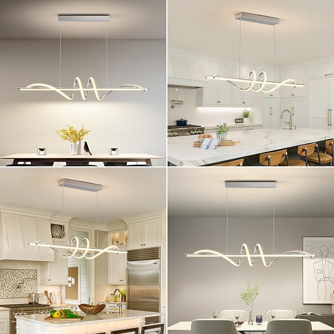 Modern Pendant Light Kitchen Island 39in Dimmable Hanging Lamp 3000k-6000K Adjustable Warm/Nautral/White with Remote Control, Kitchen Island Lighting Chrome Silver