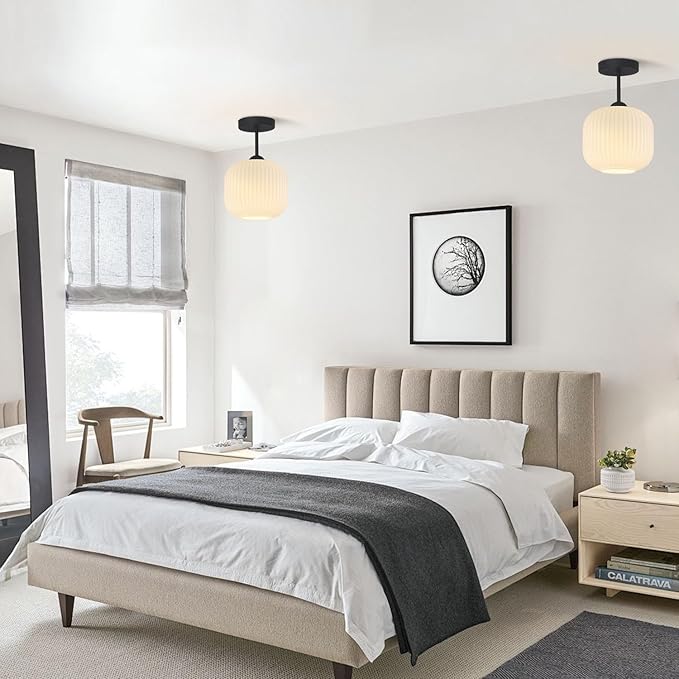 Small Milk Ribbed Glass Flush Mount Ceiling Light Nordic White Ceiling Lights Mid Century Modern Globe Semi Flush Mount Ceiling Light Fixture for Kitchen Hallway (2 Pack)