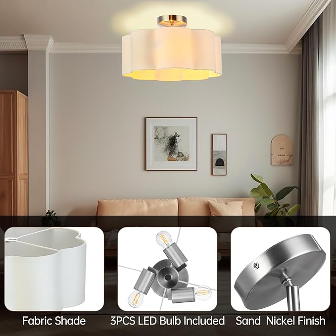 Newrays 3-Light Semi Flush Mount Ceiling Light Fixture, Fabric Shade Modern Close to Ceiling Lamp for Nursery Kids Room Bedroom Kitchen Hallway Entryway with 3PCS LED Bulbs (White)