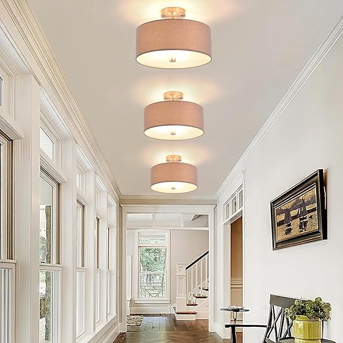14 inch Semi Flush Mount Ceiling Light: 3-Light Modern Brushed Nickel Light Fixtures Ceiling Mount Lamp, Drum Gray Linen Shade & Glass Diffuser Perfect for Entryway Kitchen(Bulb Exclude)