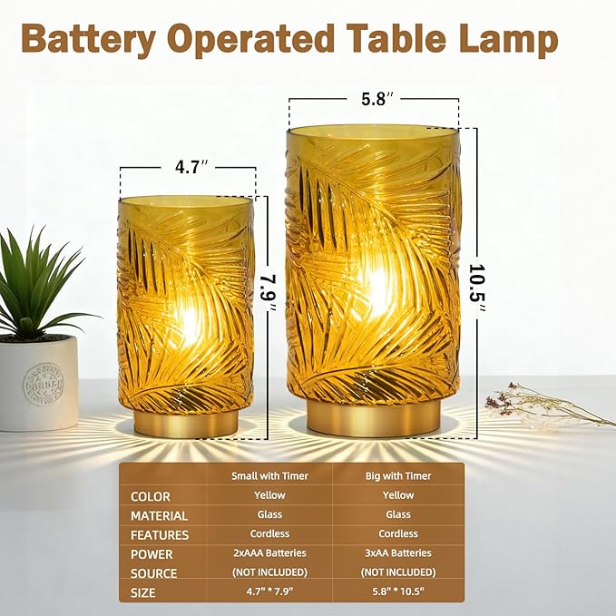 Battery Operated Table Lamp, Cordless Lamps for Home Decor, Battery Powered Nightlight with LED Bulb with Timer, Decorative Lights for Living Room Bedroom Tabletop Entryway Centerpiece Gift(S Yellow)