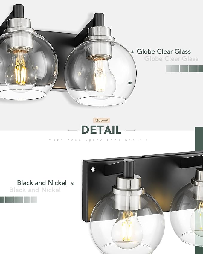 Bathroom Light Fixtures, 3-Light Black and Brushed Nickel Bathroom Vanity Light, Modern Wall Sconces with Globe Clear Glass Shade, Vanity Lighting Fixtures Over Mirror, VL195-KN-3