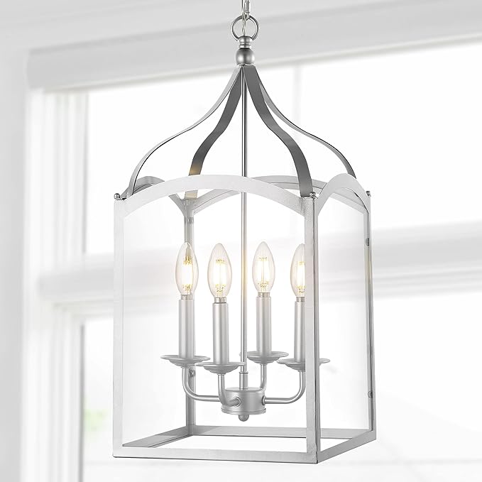 JONATHAN Y 11" Silver 4-Light Traditional Lantern Pendant Light, Metal and Clear Glass Shade, Classic Chandelier for Foyer, Kitchen Island, LED Bulbs Included (JYL7403B)