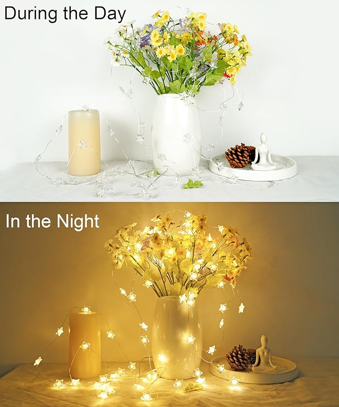 BOHON Star Fairy Lights Battery Operated 40 LED String Lights Warm White | 13 FT Warm White Star Garland Twinkle Lights for Bedroom Indoor Dorm Classroom Curtain Cute Room Wedding Decor, with Timer