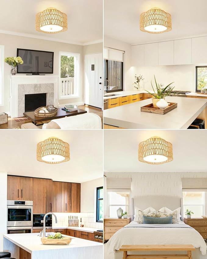 WILON Rattan Flush Mount Ceiling Light, 3-Light Boho Light Fixture with Fabric Shade, Woven Wicker Semi Flush Mount Light Fixture for Hallway Entryway Nursery Bedroom Kitchen Laundry Room