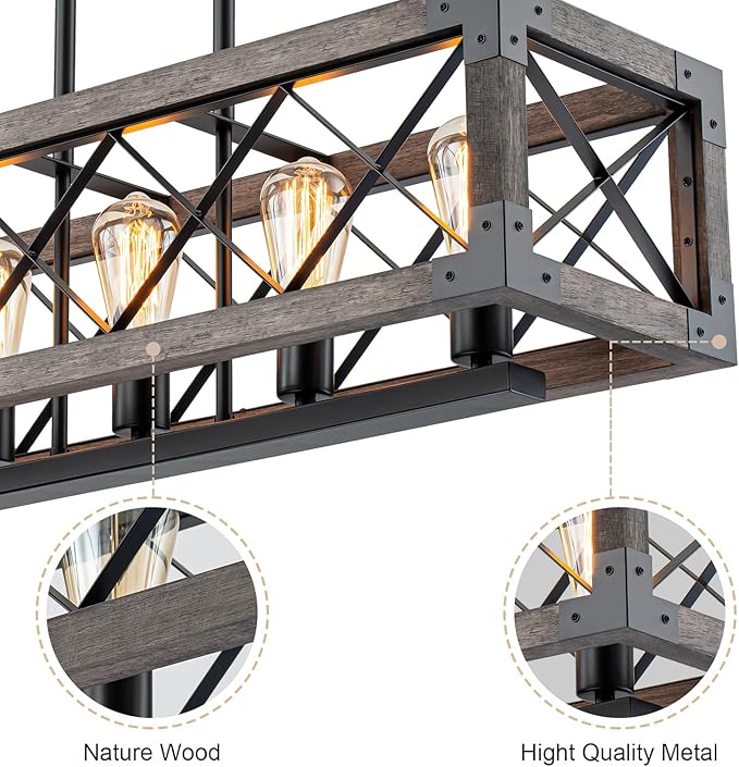 Lingkai Kitchen Island Lighting, 32 Inch 5 Light Farmhouse Linear Chandelier Dining Room Pool Table Pendant Light Fixtures, Rustic Wood Grain Finish