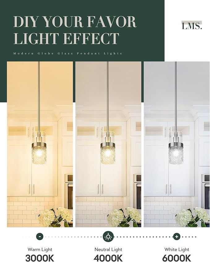 LMS Brushed Nickel Pendant Lights Kitchen Island, 1-Light Modern Glass Pendant Light Fixtures with Hammered Glass, Adjustable Mini Hanging Light for Kitchen Island Sink Bathroom, LMS-199
